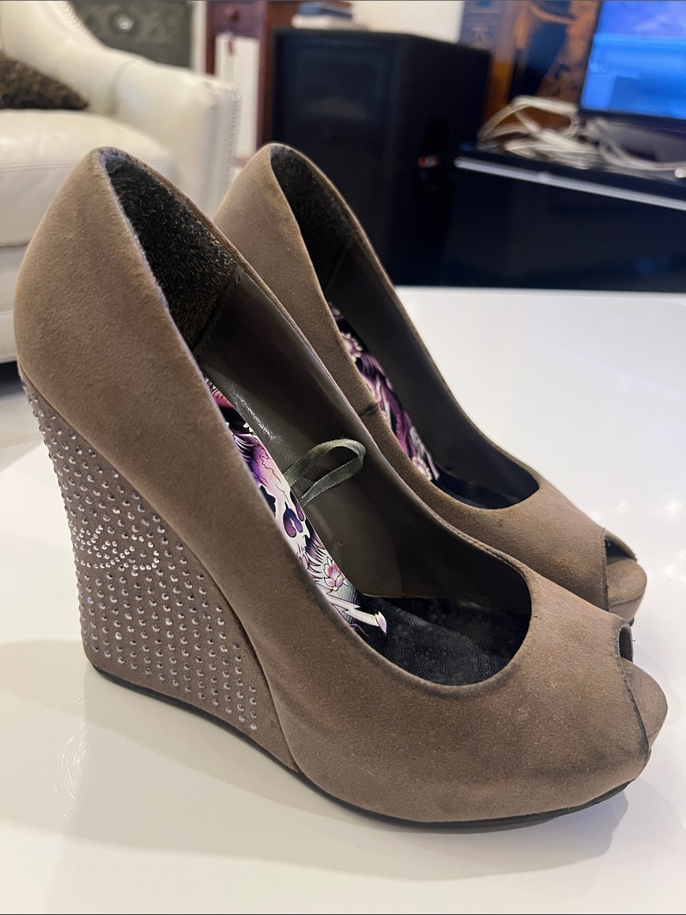 Ed Hardy Taupe Suede Peep-Toe Wedge Pumps with Crystal Heel - Picture 3 of 9